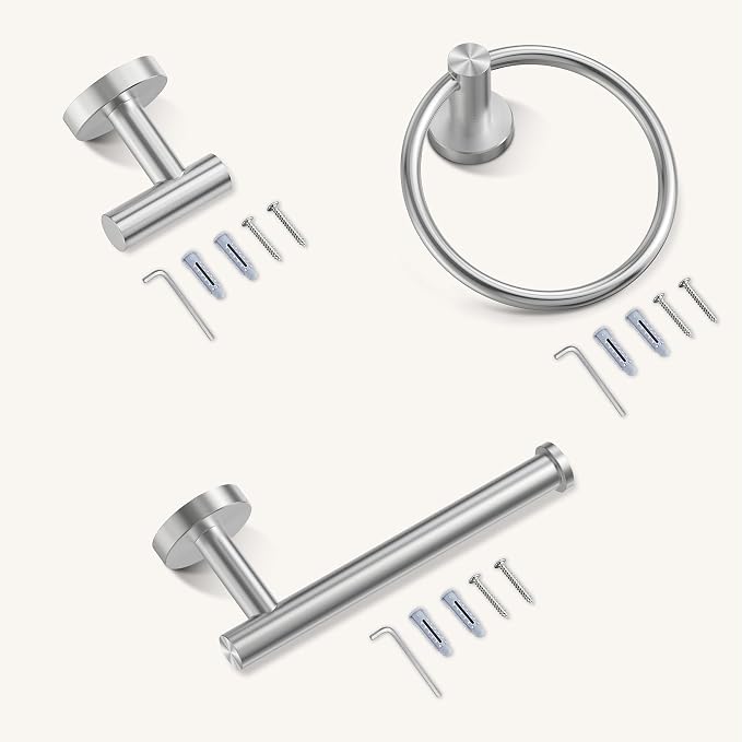FORIOUS Bathroom Accessories Set, 4-Piece Bathroom Hardware Set | Brushed Nickel | SUS304 Stainless Steel Towel Ring, 2 Towel Hooks, and Toilet Paper Holder Wall Mounted