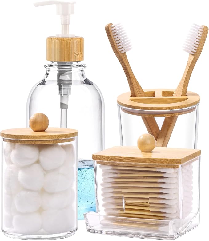 Bamboo Bathroom Accessories Set 4 Pcs - Clear Toothbrush Holder Plastic Soap Dispenser and 2 Qtip Holder Cotton Swab/Pad/Ball Container Jar