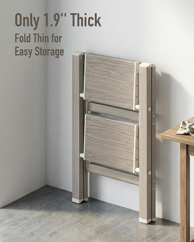 Mayi Plus 2 Step Stool Foldable, Aluminum, Lightweight Step Ladder | Extra-wide anti-slip folding steps with 330 lbs, for home,kitchen,office,outdoor,Fir woodgrain