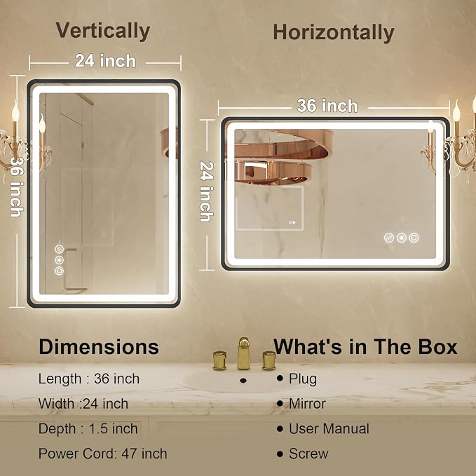24x36 Inch Black Frame LED Bathroom Mirror with Lights, Dimmable Smart Lighted Bathroom Mirror, Anti-Fog, 3 Colors, Frontlit and Backlit, Waterproof, Memory Function Wall Mirror for Bathroom