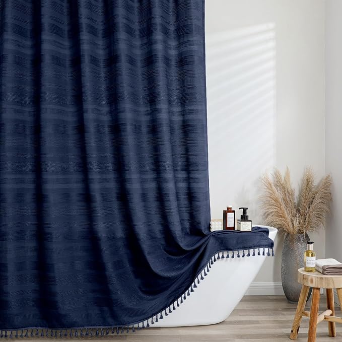 Navy Blue Shower Curtain for Bathroom, Boho Linen Textured Shower Curtain with Tassel, Rustic Striped Heavy Duty Vintage Country Bathroom Curtain, 72Wx72L Inches