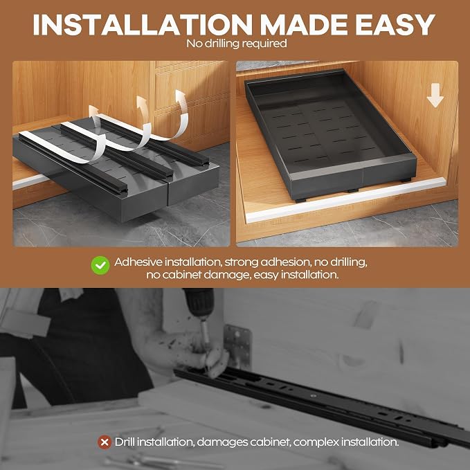 Seinloes 4 Pack Expandable Pull Out Cabinet Organizer 21" Deep with Raising Pad for Framed Cabinets,Upgrade 3 Slide Rails Slide Out Drawers,Roll Out Shelves Adhesive,Adjustable Width 9"-14.1" Black