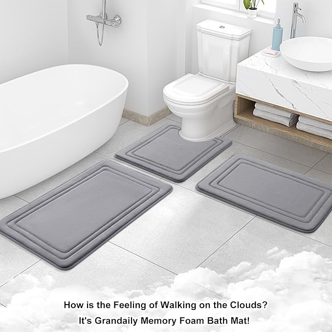 Grandaily Memory Foam Bath Mat Rug 24x16, Ultra Soft, Non-Slip and Absorbent Bathroom Rugs, Machine Wash Dry, Comfortable Bath Carpet for Bathroom Floor, Tub and Shower, Medium Grey