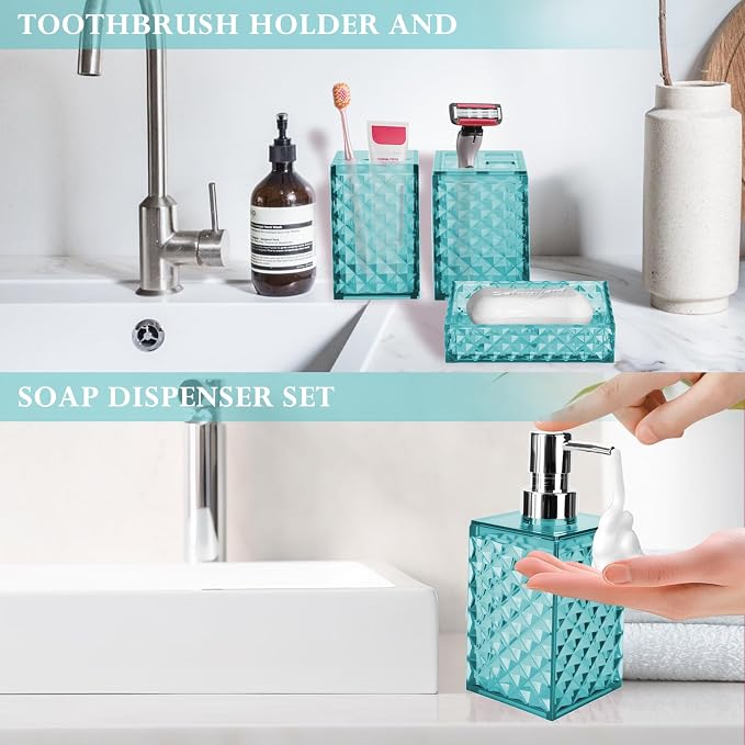 Bathroom Accessory Set, Grid Pattern 4 Pcs Plastic Bathroom Set, Teal Blue | Include Soap Dispenser, Soap Dish, Toothbrush Holder, Mouthwash Cup, Modern Bathroom Decor Set