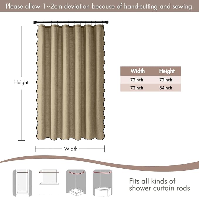 MIULEE 84" Long Khaki Scalloped Linen Shower Curtain 72W x 84L | 12 metal hooks, Linen scalloped, waterproof washable, thick heavy cloth, black border, boho farmhouse, bathroom hotel use