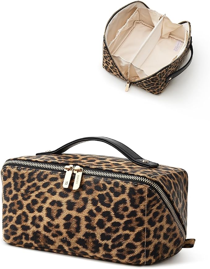 EACHY Travel Makeup Bag for Women, Flat Open Leopard Print Cosmetic Bag | Leopard-print PU leather cosmetic bag opens flat with dividers and clear TPU brush pocket for makeup and travel essentials