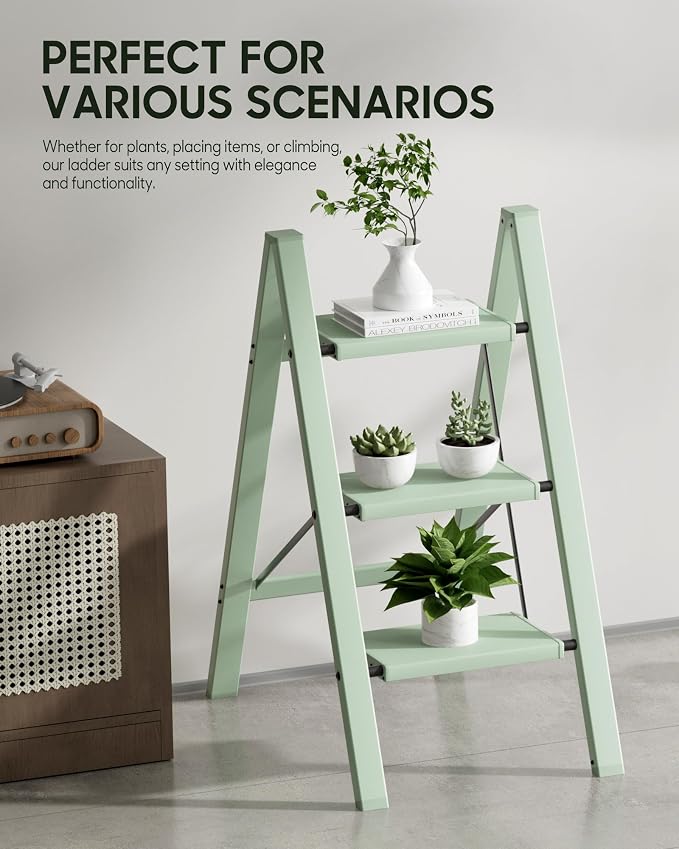 HillhutApex Aluminum Step Stool Foldable,3 Step Ladder (Pale Green) | Lightweight Portable step ladder with Anti-Slip Wide Pedal,330lbs Capacity Ladder for Household,Office,Kitchen