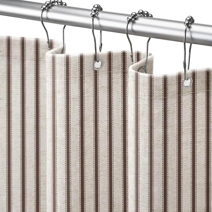 Farmhouse Striped Shower Curtain Brown Vintage Linen Curtain 60"W X 72"L | Striped Shower Curtains with Linen Texture for Bathroom Decor