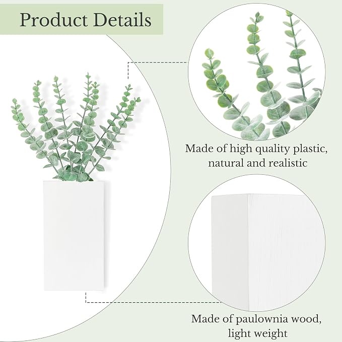 Dahey 2 PCS Wall Planter Vase with Fake Plants for Farmhouse Wall Art Decor | Lightweight Wood, Realistic Artificial Eucalyptus, Cute Hanging Decor for Bathroom Living Room Bedroom Entryway Office, White