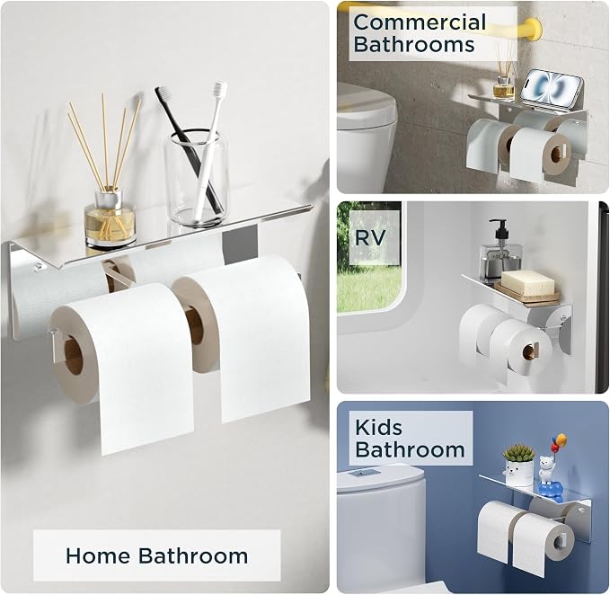 FORIOUS Toilet Paper Holder with Shelf, Commercial Toilet Paper Dispenser | Chrome | SUS304 Stainless Steel Wall Mount Double Bathroom Tissue Roll Holder for Hotel, Apartments, etc