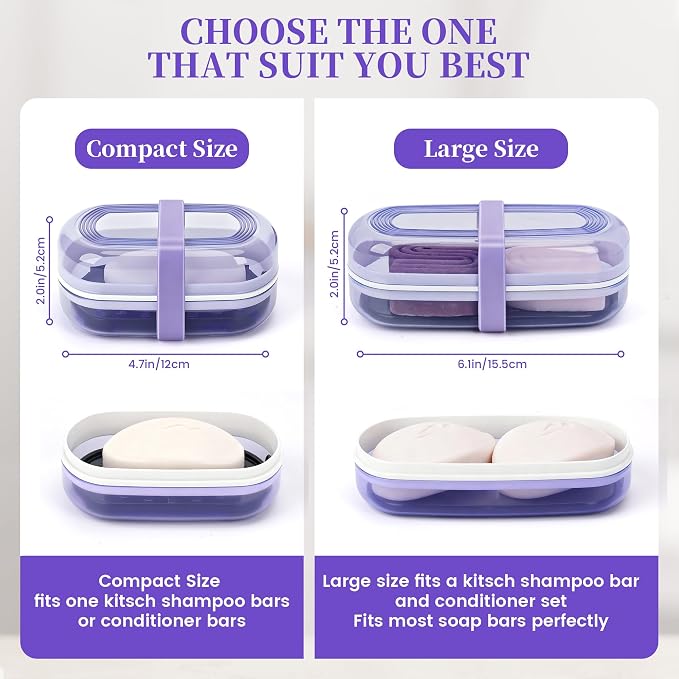 Shampoo Bar Holder and Soap Case, Leakproof Travel Container with Lid & Drain Tray, Includes Silicone Strap and Soap Bag, Compatible with Kitsch Solid Shampoo & Conditioner Bars(Grape Purple, Large)