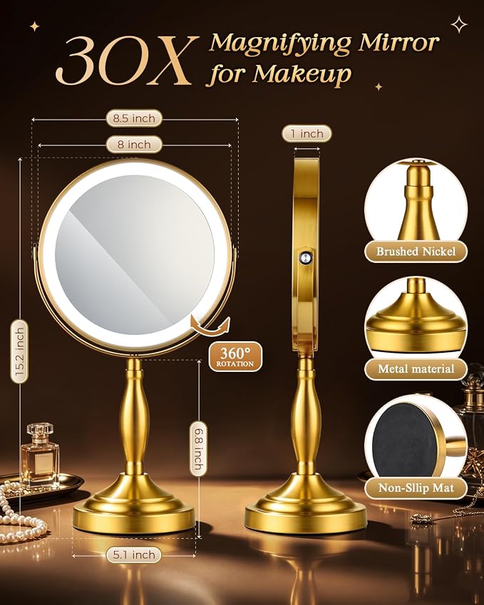 30X/1X Makeup Mirror with Lights, 8" Double Sided Vanity Mirror with Lights | 3 Color Modes & Dimmable, 5000mAh Rechargeable, Side Touch + Side Charging, 360° Rotation Tabletop Mirror, Brushed Gold