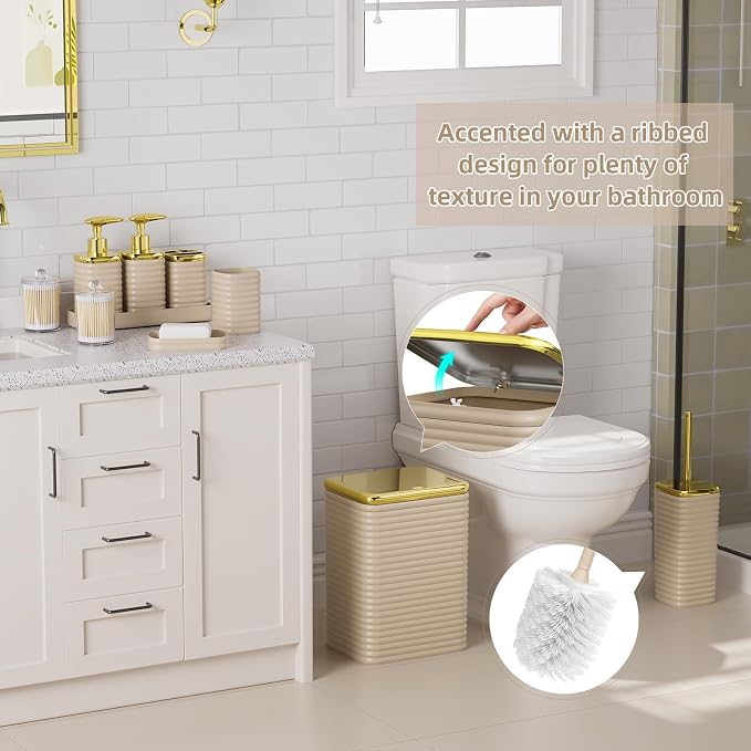 Bathroom Set - 25PC Bathroom Sets with Shower Curtain and Rugs, Beige Bathroom Set, Bathroom Accessory Set, Luxury Bathroom Accessories Set, Trash Can, Toilet Brush, Soap Dish & Soap Dispenser