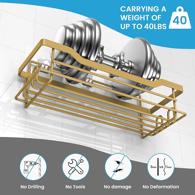 Shower Caddy Shelves Organizer Rack, Single Pack Shower Shelf, Caddies for Shampoo Soap Bathroom Waterproof Adhesive Holder, No Drilling Wall Mounted Self, Matte Gold