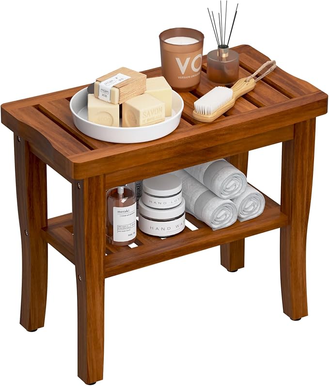 Teak Shower Bench Stool with Storage Shelf, Waterproof Shower Chair Spa Bath Seat, Shower Stool for Inside Shower, Bathroom Bench Seat for Adults Elderly Seniors for Indoor or Outdoor Use