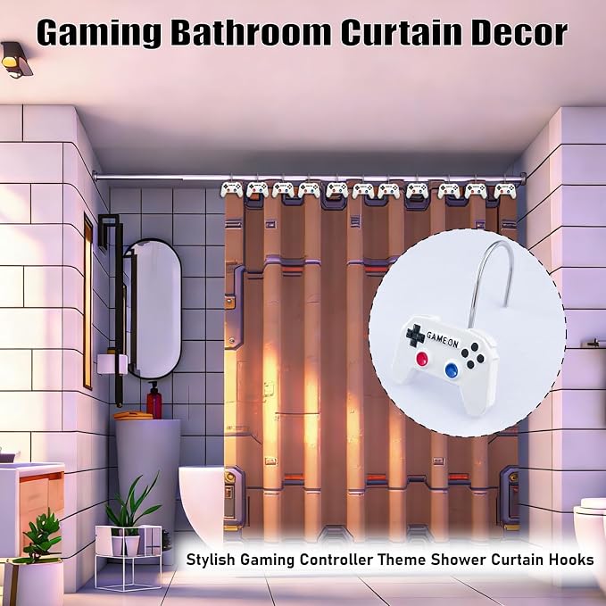 12 Pcs Game Theme Shower Curtain Hooks for Gamers Bathroom Decor White | Video Game Controller White Curtain Hooks Boys Gaming Bathroom Kids Bedroom Playroom Console Resin and Stainless Steel Hook