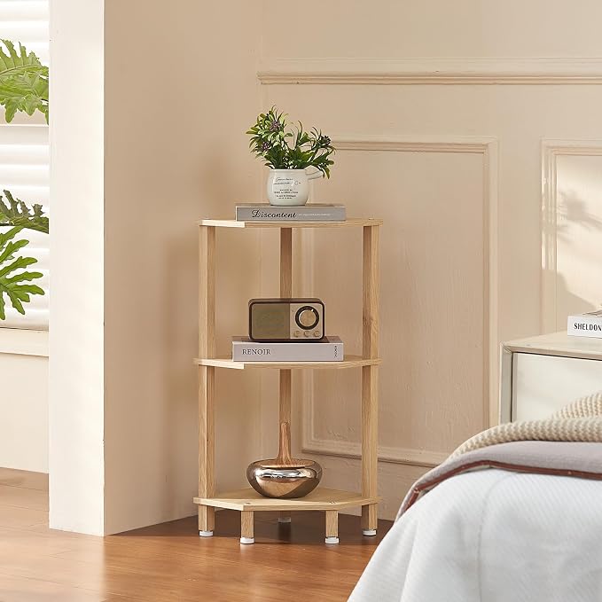 YUFAM 3-Tier Corner Shelf, Natural | Wooden Small Corner Table with Sturdy 5-Leg Base, Wooden Corner Bookshelf for Adjustable Base for Bathroom