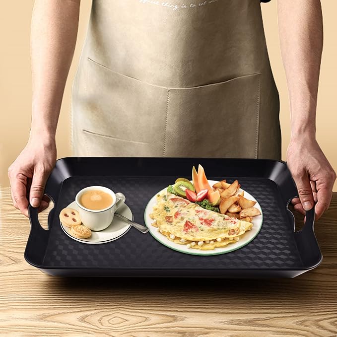 Plastic Tray with Handles, 2 Pack Multi-Purpose Rectangular Non Slip Restaurant Serving Trays Set for Parties, Coffee Table, Kitchen (12.2x16 inch) | Non-Slip Surface, Raised Edges, Lightweight Build, Easy Carrying, Restaurant, Coffee Table and Party Use
