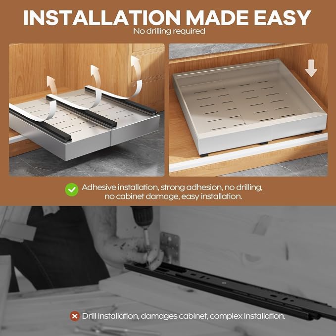Seinloes 2 Pack Expandable Pull Out Cabinet Organizer 21"Deep With Raising Pad for Framed Cabinets,Upgrade 3 Slide Rails Slide Out Drawers,Roll Out Shelves Adhesive,Adjustable Width 12.05"-20.4"Silver