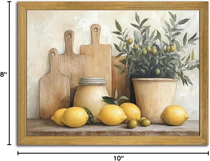 Wood Framed Vintage Kitchen Wall Art, Yellow Lemon Still Life Wall Decor Oil Paintings, Rustic Farmhouse Artwork Canvas Posters Prints Pictures for Living Room Bedroom Home Decor 8x10 Inch
