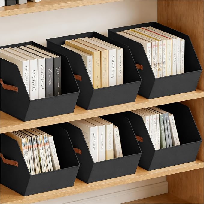 Large Closet Storage Cubes - Closet Storage Bins with Dual Handles for Clothes, Towels, Toys, Shelf Organizer Bins for Bedroom, Nursery, Shelves, Small Spaces, Black, 6 Pack