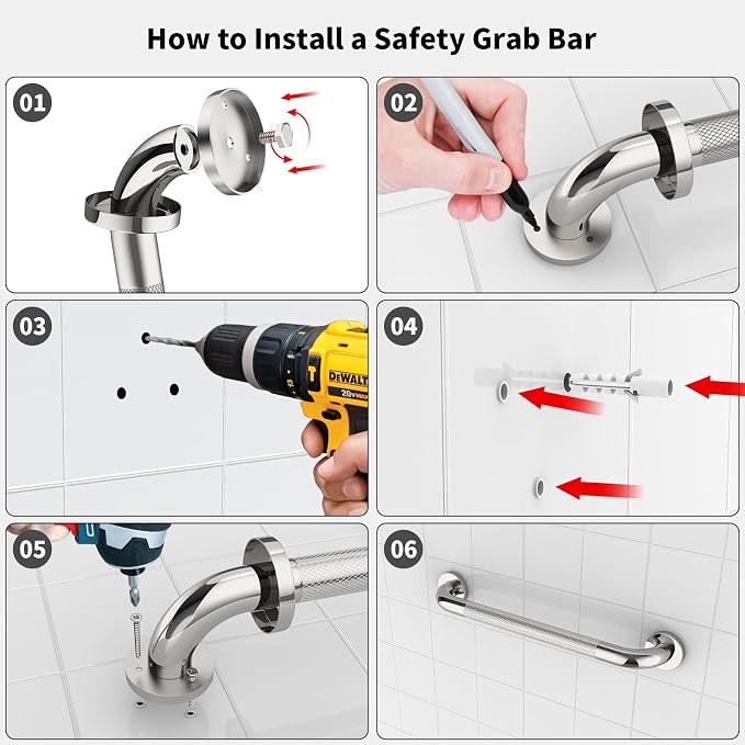 Chrome Grab Bar 20 Inch, Grab Bar for Bathtub and Shower | Anti-Slip Knurled Grip, Stainless Steel, Bathroom Assist Handle Handrail, Handicap Support Bars for Toilet, 1.25" Diameter