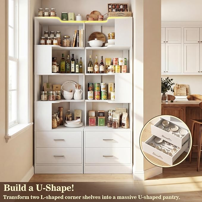 Corner Book Shelf with Drawers, Small Corner Shelf with Drawers | L Shaped BookShelf 6-tier Bookcase for Bedroom Storage, Living Room, Home Office, Kitchen Pantry, White