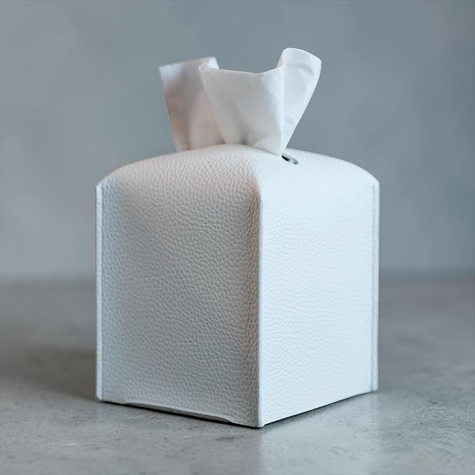 Premium PU Leather Square Tissue Box Holder - Hotel-Style Facial Tissue Box Cover for Bathroom, Bedroom, Office & Home Decor, Cube Tissues Organizer, Classic Look (White)