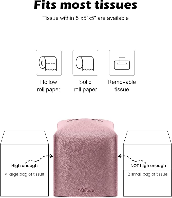 Tissue Box Cover for PU Leather, Modern Simple Solid Color Holder Square Tissue Bag, Ideal for Bathrooms,Office,Car,Nightstand,Outdoor Tent,Dining Table,5"X5"X5", Double Pink