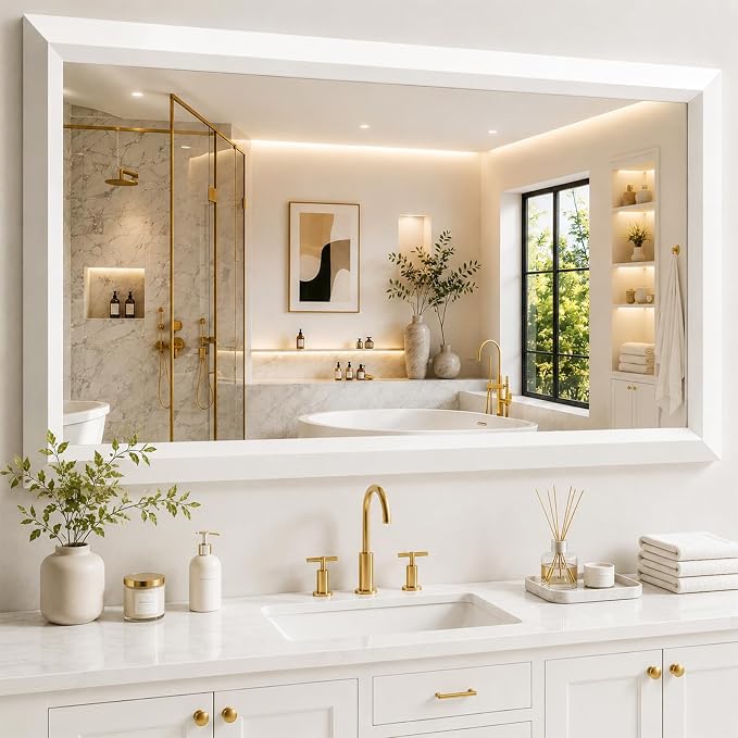 White Bathroom Mirror for Over Sink, 32x40Inch Thick Anti-Rust Metal Frame, Rectangle Decorative Wall Mirror with HD Tempered Glass Horizontal or Vertical Mount for Vanity, Bedroom, Living Room