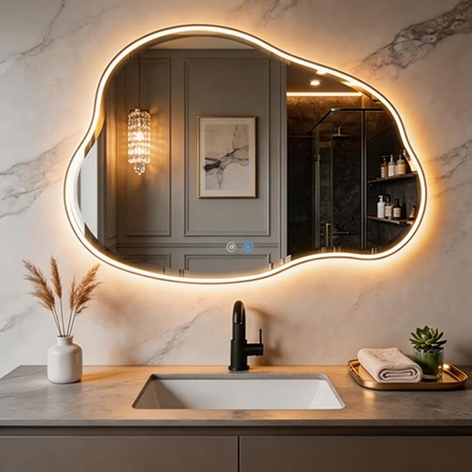 POZINO 30"x22" Irregular LED Bathroom Mirror with Lights, Black Metal Frame | Beveled Edge, 3 Color Dimmable, Anti-Fog, Memory Function, IP65 Waterproof, Cloud Shaped Bathroom Mirror with Front Lights