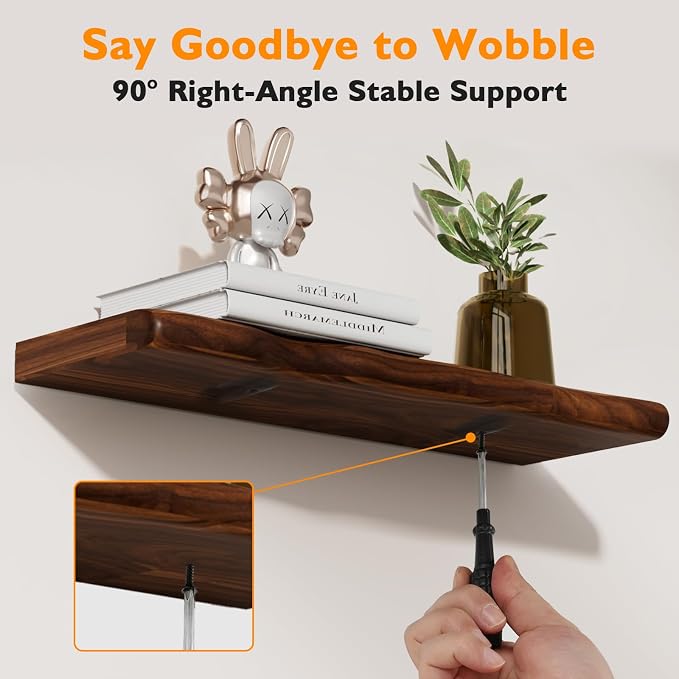 Solid Wood Live Edge Floating Shelves Set of 2 – 24" Rustic Wall Shelf with Hidden Bracket System, Wall Mounted Shelves for Bathroom, Kitchen, Living Room, Bedroom (Walnut)