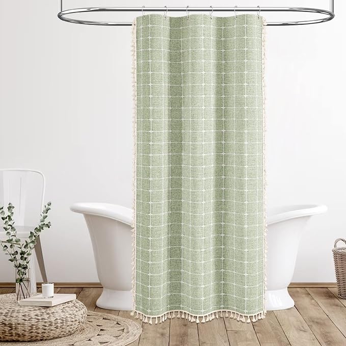 Stall Boho Linen Fabric Heavy Duty Shower Curtain, 36x72, Sage Green | Half Size, 330GSM Linen Blend, 3-side Tassels, Water Repellent Cloth, 6 Plastic Hooks, Rustic Bohemian, Machine Washable