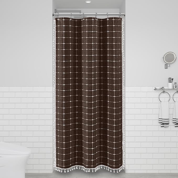 Stall Boho Farmhouse Linen Heavy Duty Shower Curtain Set, 36x72, Brown | Half Size, 330GSM Linen Blend, 3-side Tassels, Water Repellent Fabric, 6 Plastic Hooks, Rustic Bohemian, Machine Washable