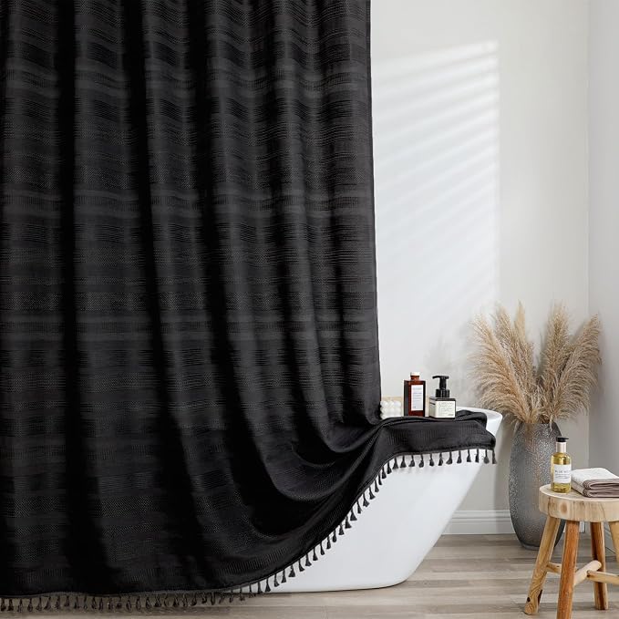 Black Stripe Shower Curtain for Bathroom, Boho Linen Textured Shower Curtain with Tassel, Minimalist Modern Heavy Duty Vintage Country Bathroom Curtain, 72Wx72L Inches
