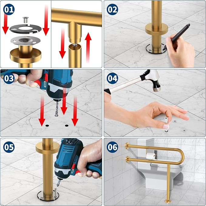 ZUEXT 31.5x28 Inch Gold Knurled Toilet Grab Bar with Toilet Paper Holder | Wall to Floor, Anti-slip Handicap Grab Bar, Stainless Steel Bathroom Support Rail with Leg, For Elderly Disabled Pregnant