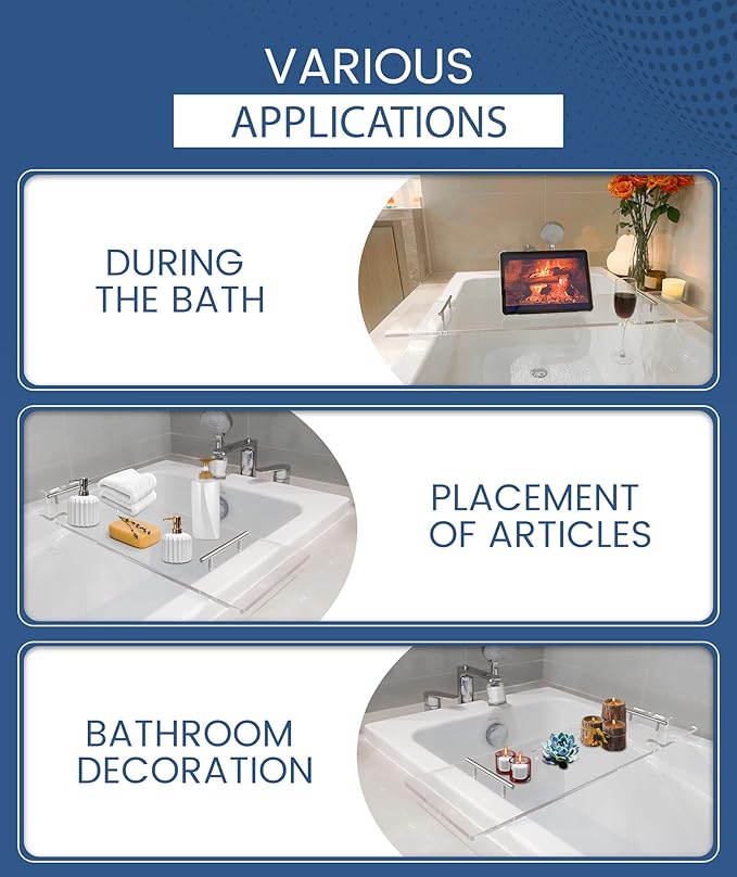 Acrylic Bathtub Tray Bathtub Tray Caddy Bath Tray Table for Tub Luxury Spa with Book and Wine Glass Holder Bathroom Accessories for Decorative Bathtubs, Transparent 31.5inch