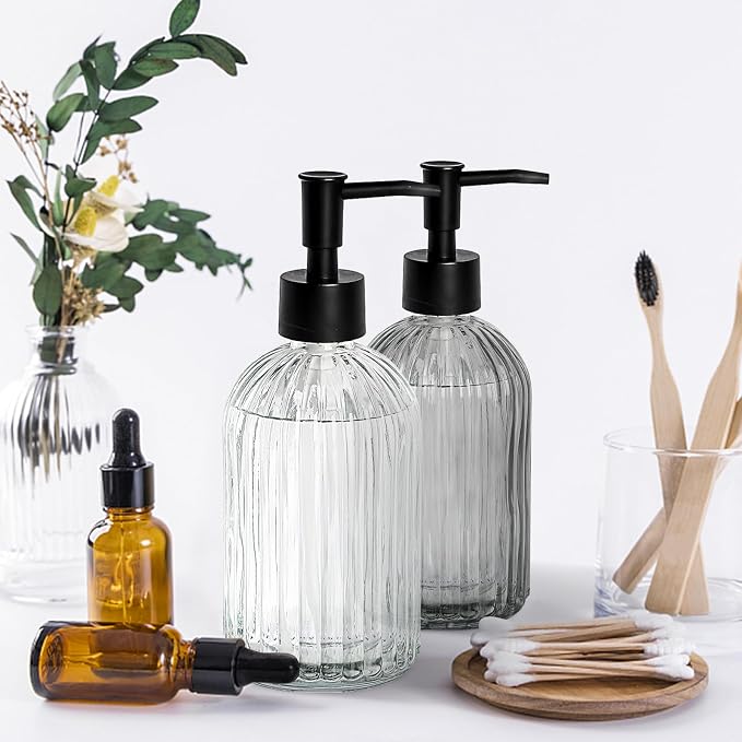Topsky 2 Pack Glass Soap Dispenser with Black Plastic Pump, 400ml Liquid Hand Soap Dispenser, Rustproof Pump for Kitchen & Bathroom, Great for Lotions, Essential Oil, Liquid Soaps-Clear & Gray