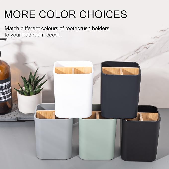Bamboo Toothbrush Holder for Bathrooms Toothpaste Organizer - Cool Grey | Detachable Inserts, 3 Slots, Bathroom Counter Organizer, for Kids Electric Toothbrushes, Floss, Razors