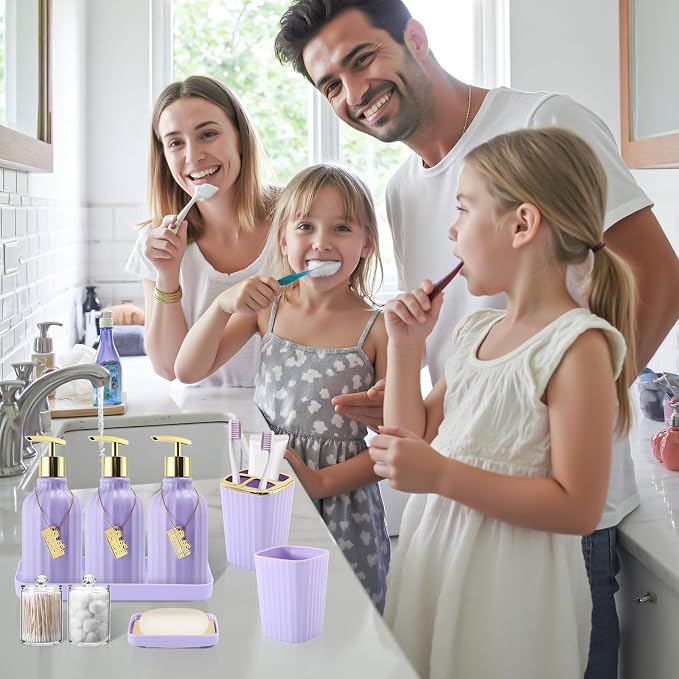21PCS Bathroom Sets with Shower Curtain and Rugs Bathroom Accessories Set Light Purple Bathroom Set Complete with Trash Can, Toilet Brush, Qtip Holder & 3PCS Soap Dispenser