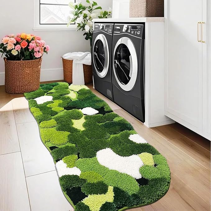 Hifuwan Cute Green Moss Bathroom Runner Rugs 24x60, Plant Leaves Bath Mats | Extra Large, Shaggy, Non Slip, Absorbent,Machine Washable Shower Mats for Kitchen Bedroom Sinks Cottagecore Decor