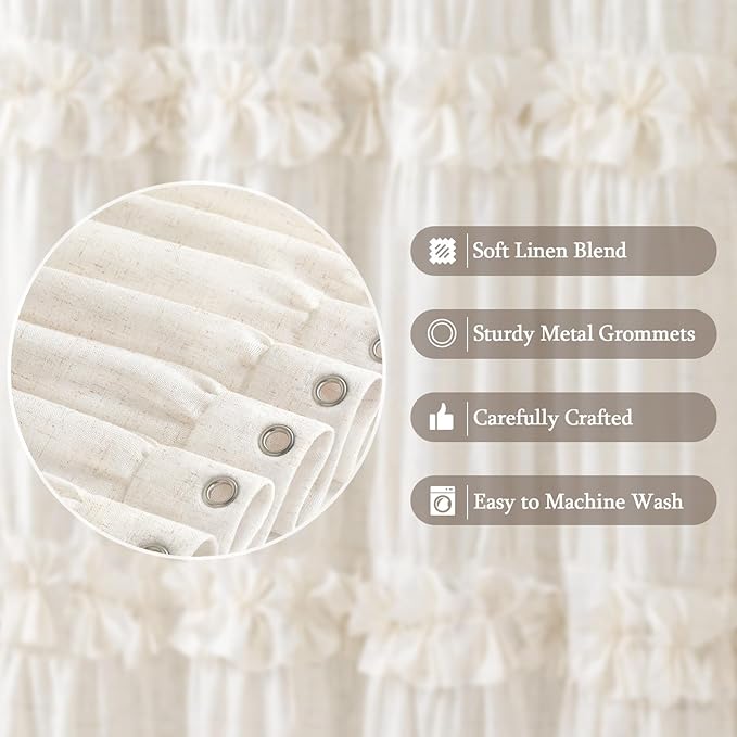 Ruffle Farmhouse Linen Shower Curtain with Vintage Bow Cream 72" W x 90" H | Linen Blend Fabric, Ruffle Bow and Ruffled Hem,Linen Texture,Machine Washable,12 Metal Holes and Plastic Hooks