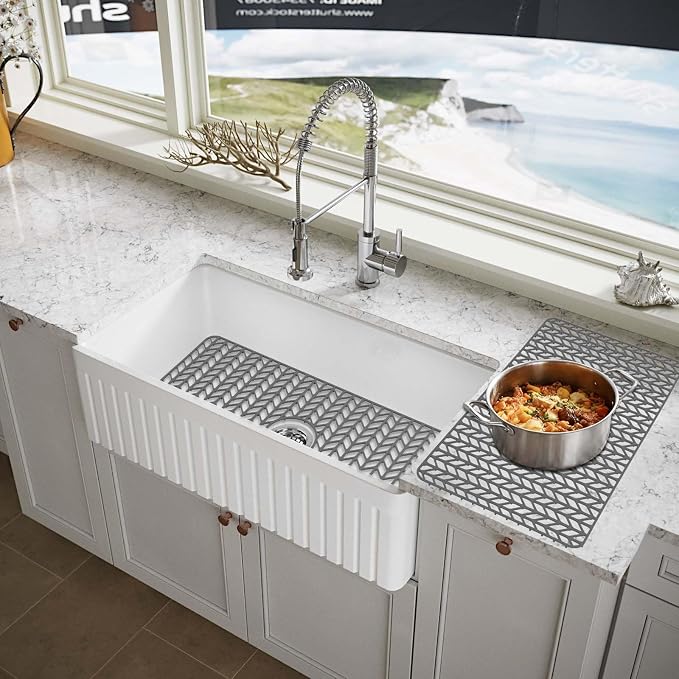 AWOKE Large Silicone Sink Protectors for Kitchen Sink, 30" x 16" Center Drain Hole, Sink Mat for Bottom of Farmhouse Kitchen Stainless Steel Sinks, Raised Feet/Heat Resistant/Non-slip (Gray)