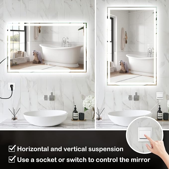 ROOMTEC 48x30 Inches LED Bathroom Mirror with Lights, Vanity Mirror with Front and Backlight, Smart Dimmable Anti-Fog LED Mirror for Bathroom, Memory Function, Tempered Glass (Horizontal/Vertical) | Anti-Fog, Dimmable, Memory Function, Bathroom Vanity ...