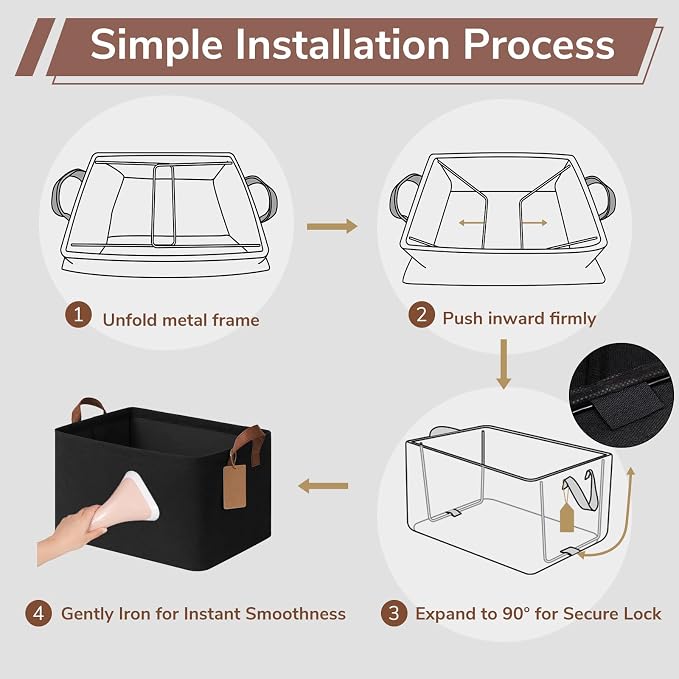 CHICVITA 4 Pack Large Storage Baskets with Metal Frame, Black | 16.8 × 11 × 9.8 in, Reinforced Handles, Collapsible Design, Closet & Shelf Organization, Clothes, Blankets & Toys Storage