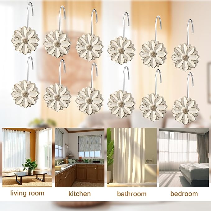 BreezeHug 12 Pcs Boho Shower Curtain Hooks Decorative Shower Curtain Hangers for Bathroom Rod Resin Round Rings with White Flower Pattern, Waterproof