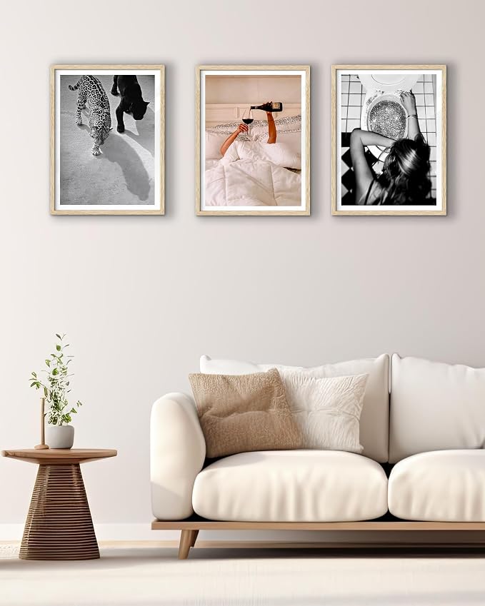 EcoHest 12x16 in Woman Drinking Wine in Bed Framed Wall Art for Bedroom | Natural Oak Wood Frame with Canvas Wall Art, Feminist Wine Wall Decor for Bathroom, Apartment, Dorm, College Room, 1Pack