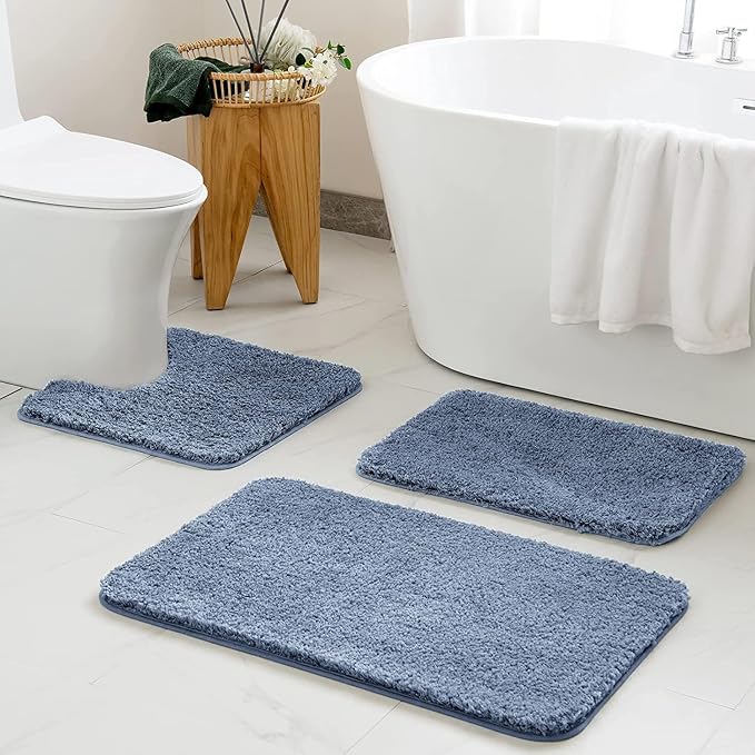 MIULEE Dusty Blue Microfiber Toilet Bath Rug U-Shaped Contour 20x24 Inch | Absorbent, Non Slip, Quick Dry, Fluffy Bath Rugs for Bathroom Floor Tub Showers, Machine Washable