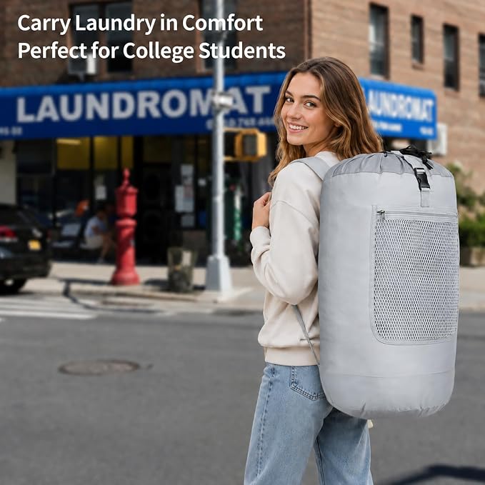 F-color Laundry Backpack for College, 75L Laundry Bag, Light Gray | Wide Shoulder Straps, Mesh Zipper Pocket, Drawstring Closure, Heavy-Duty, Dorm Room Essentials, Laundromat, Camping