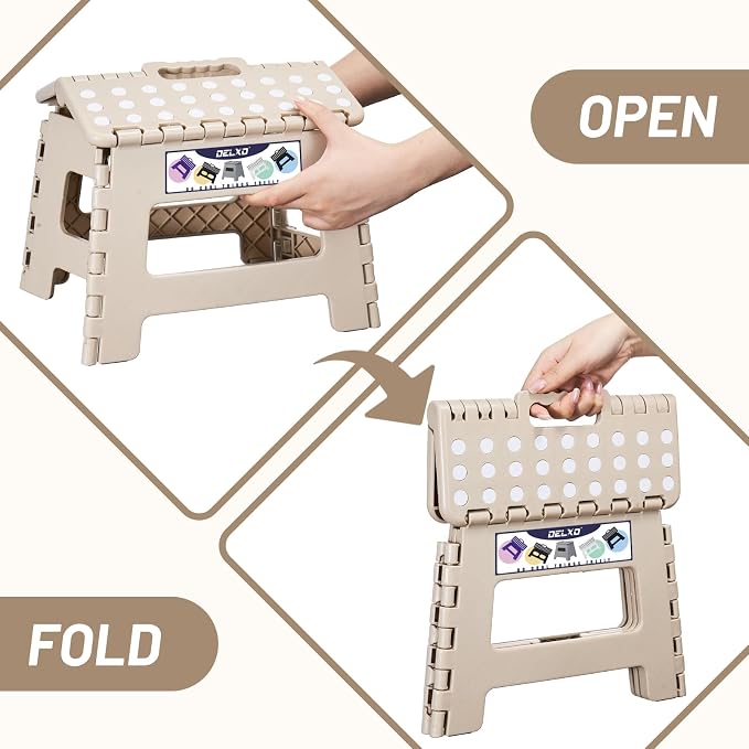 Delxo 9 Inch Kids Step Stool,300 Lbs Folding Step Stool for Toddler Khaki | Foldable Step Stool,Non-Slip Foot Stools with Handle, Lightweight Collapsible Stool for Kitchen,Bathroom,Bedroom,Garden